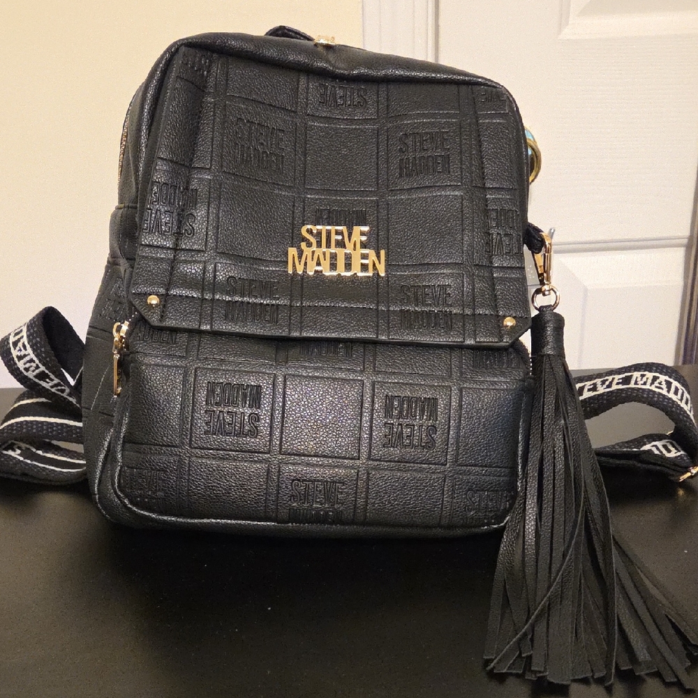 Steve Madden Black Embossed Logo Mini Backpack with Tassel